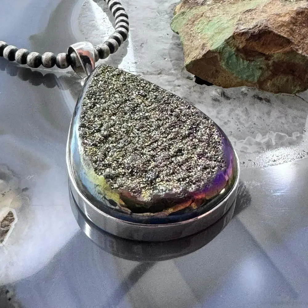 Sterling Silver Large Teardrop Druzy Quartz Double Sided Fashion Pendant